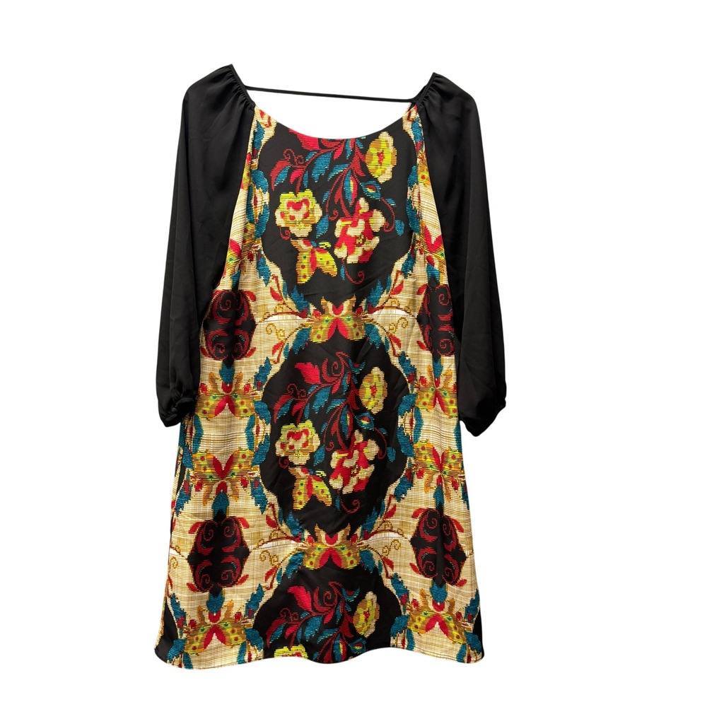 Maeve Shift Dress Womens Medium Floral Cross Stitch Print Black Multi Boho
